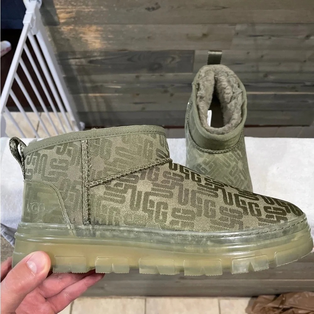 UGG classic mini Olive Monogram Shearling Cuffed Sneaker Boot - Picture 1 of 8